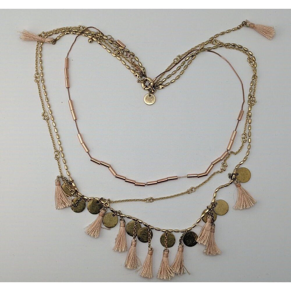 Abercrombie & Fitch Preppy Bohemian Gold-Toned Multi-Layer Necklace With Pink Ta - Picture 4 of 5